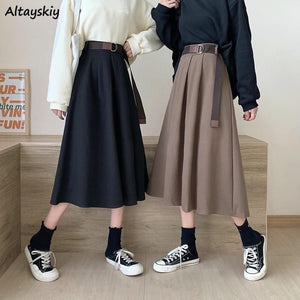Solid Skirts Women Mid-calf High Waist Style Elegant College Spring Autumn