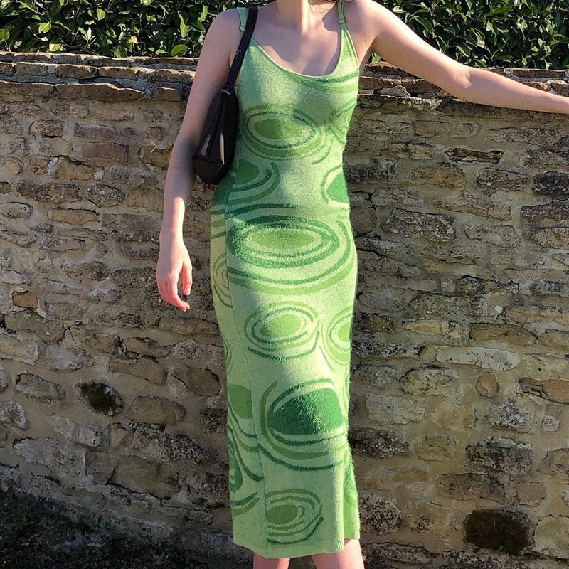 Paisley Print Knit Dress Women Green Y2K Summer Sexy Bodycon