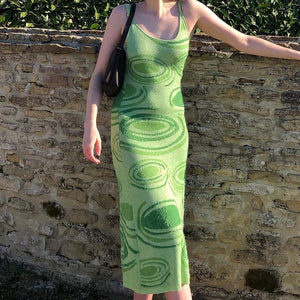 Paisley Print Knit Dress Women Green Y2K Summer Sexy Bodycon