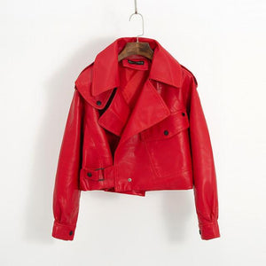 Women Faux Leather Jacket Biker Red White Coat Turndown Collar PU Motorcycle Jackets