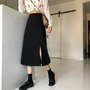 Black Skirts Women Mid-calf College A-line High Waist Korean Style Plus Size Streetwear Chic Female Bottom