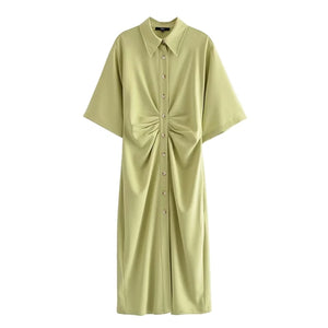 Women Chic Fashion Button-up Draped Midi Shirt Dress Vintage Short Dresses