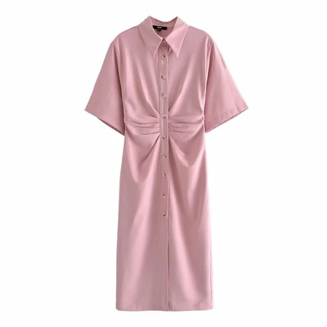 Women Chic Fashion Button-up Draped Midi Shirt Dress Vintage Short Dresses