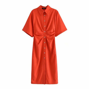 Women Chic Fashion Button-up Draped Midi Shirt Dress Vintage Short Dresses