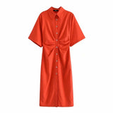 Women Chic Fashion Button-up Draped Midi Shirt Dress Vintage Short Dresses