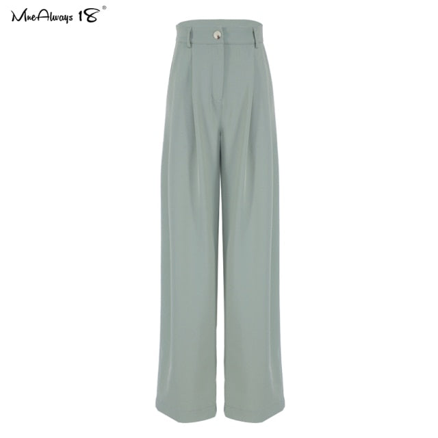Mnealways18 Classic Wide Pants Floor-Length Pleated Loose Women Trousers
