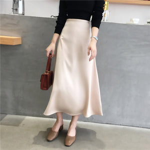 Women Elegant Office Lady Quality Glossy Satin Skirt Plain Shiny  Fashion