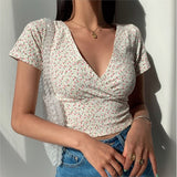 V-neck short-sleeved T-shirt Slim slimming wild high waist T-shirt women's top