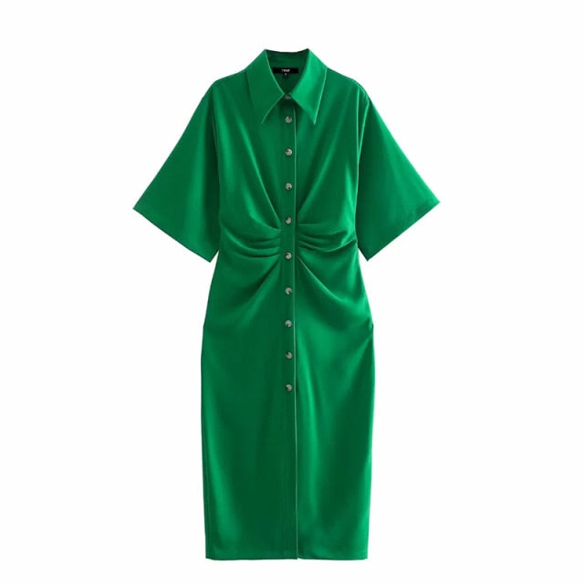 Women Chic Fashion Button-up Draped Midi Shirt Dress Vintage Short Dresses