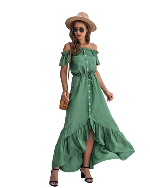 Fashion Ruffled Women's Dress, One-word Collar, Button-tethered Long Skirt, Irregular Backless