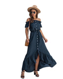 Fashion Ruffled Women's Dress, One-word Collar, Button-tethered Long Skirt, Irregular Backless