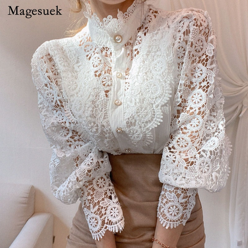 Petal Sleeve Stand Collar Hollow Out Flower Lace Patchwork Shirt Blouse