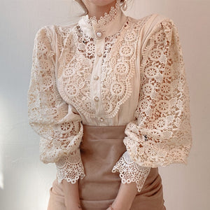 Petal Sleeve Stand Collar Hollow Out Flower Lace Patchwork Shirt Blouse