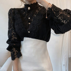 Petal Sleeve Stand Collar Hollow Out Flower Lace Patchwork Shirt Blouse