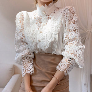 Petal Sleeve Stand Collar Hollow Out Flower Lace Patchwork Shirt Blouse