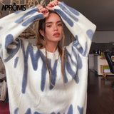 Green Striped Print Oversized Pullovers Women Winter O-Neck Loose Long Sweaters