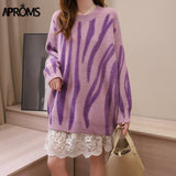Green Striped Print Oversized Pullovers Women Winter O-Neck Loose Long Sweaters