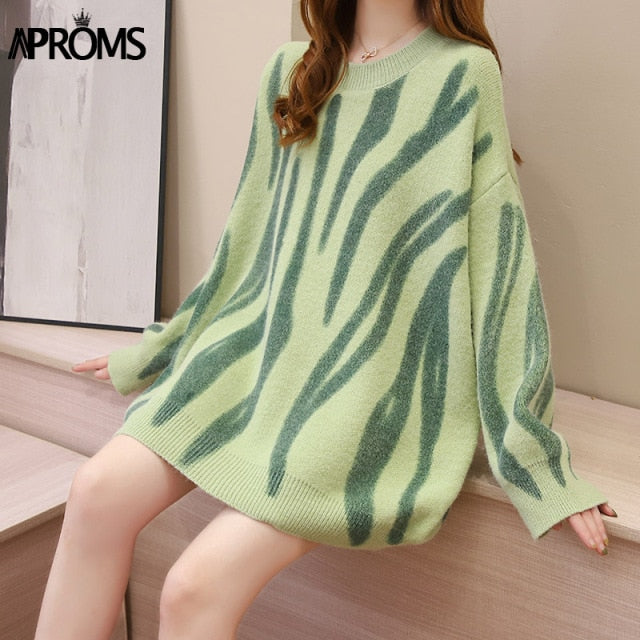 Green Striped Print Oversized Pullovers Women Winter O-Neck Loose Long Sweaters