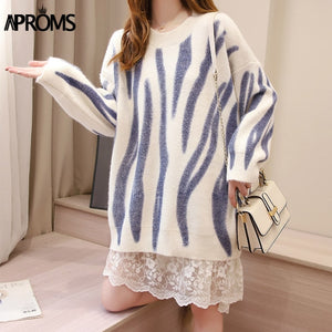 Green Striped Print Oversized Pullovers Women Winter O-Neck Loose Long Sweaters