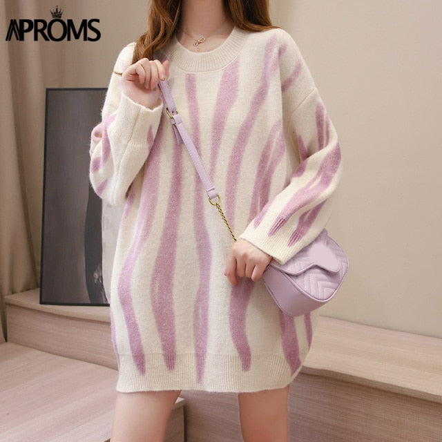 Green Striped Print Oversized Pullovers Women Winter O-Neck Loose Long Sweaters