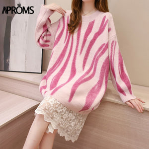 Green Striped Print Oversized Pullovers Women Winter O-Neck Loose Long Sweaters