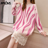 Green Striped Print Oversized Pullovers Women Winter O-Neck Loose Long Sweaters