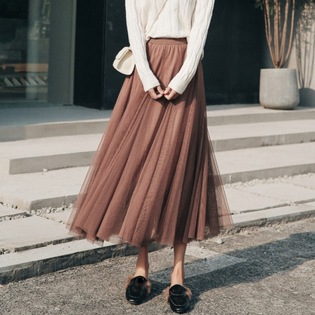 Autumn Summer Vintage Tulle Skirt Women Elastic High Waist Mesh Skirts Long Pleated Tutu Skirt