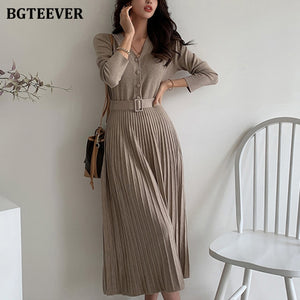 V-neck Single-breasted Women Thicken Sweater Dress Female A-line soft dresses