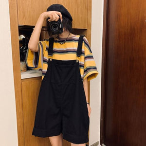 Women BF Style Cute Suspender Chic Wide-leg Summer Fashion Preppy Girls Denim Romper