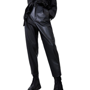 Women High Waist Black Faux Leather Pants Lady PU Loose Pencil Trousers