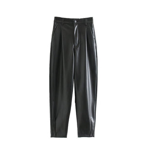 Women High Waist Black Faux Leather Pants Lady PU Loose Pencil Trousers