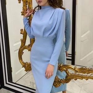 Women Dress Stand Collar Slim Waist Solid Blue Ankle Length Autumn