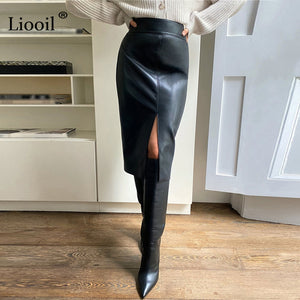 Women Faux Leather Slit Pencil Office Skirt High Waist Black Brown Sexy Bodycon Midi Skirts