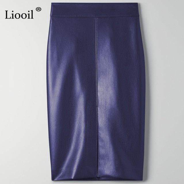 Women Faux Leather Slit Pencil Office Skirt High Waist Black Brown Sexy Bodycon Midi Skirts