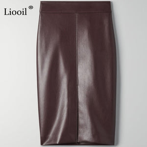 Women Faux Leather Slit Pencil Office Skirt High Waist Black Brown Sexy Bodycon Midi Skirts