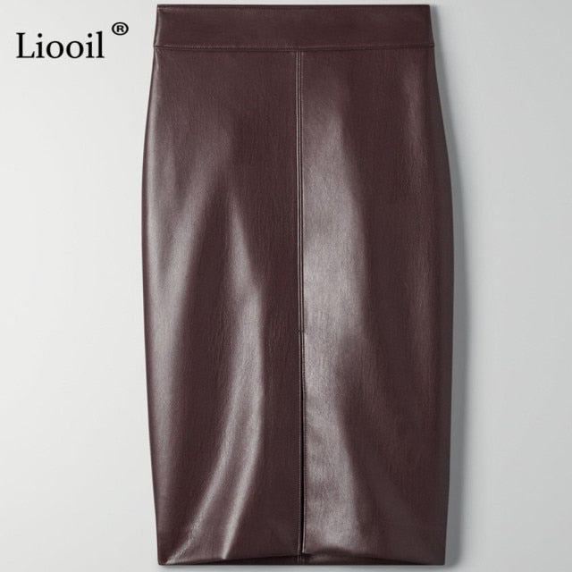 Women Faux Leather Slit Pencil Office Skirt High Waist Black Brown Sexy Bodycon Midi Skirts