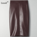 Women Faux Leather Slit Pencil Office Skirt High Waist Black Brown Sexy Bodycon Midi Skirts