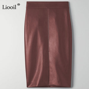 Women Faux Leather Slit Pencil Office Skirt High Waist Black Brown Sexy Bodycon Midi Skirts