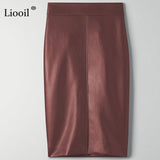 Women Faux Leather Slit Pencil Office Skirt High Waist Black Brown Sexy Bodycon Midi Skirts