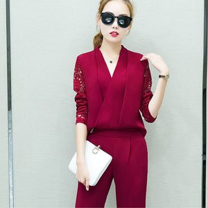 2 Piece Set Female Long Sleeve Lace Work Clothes Trousers