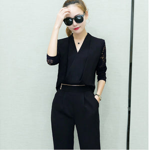 2 Piece Set Female Long Sleeve Lace Work Clothes Trousers