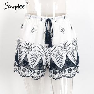 Embroidery tassel high waist  Drawstring loose print shorts
