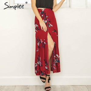 High waist boho print long skirt Women split maxi skirt