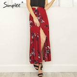 High waist boho print long skirt Women split maxi skirt
