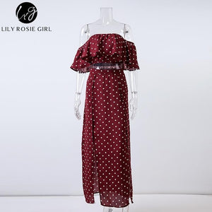 Women Off Shoulder Red Vintage Dot Long Dress