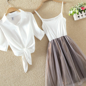 Women Suits Casual Clothing Sets Crop Top Fold Tulle Skirt