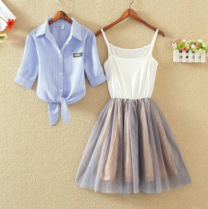 Women Suits Casual Clothing Sets Crop Top Fold Tulle Skirt