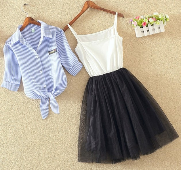 Women Suits Casual Clothing Sets Crop Top Fold Tulle Skirt