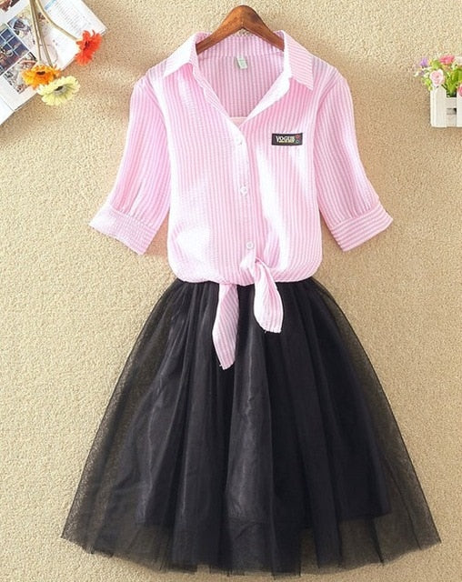 Women Suits Casual Clothing Sets Crop Top Fold Tulle Skirt