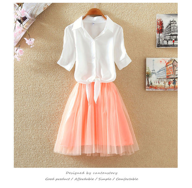 Women Suits Casual Clothing Sets Crop Top Fold Tulle Skirt